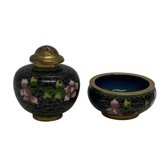 Vintage Set Chinese Black Cloisonné Salt Cellar Pepper Shaker Flowers Design - Picture 8 of 16